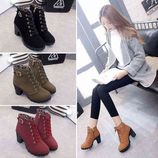 

women boots thick heel short martin boot 's lace up round head women's frosted material high 0709, Black