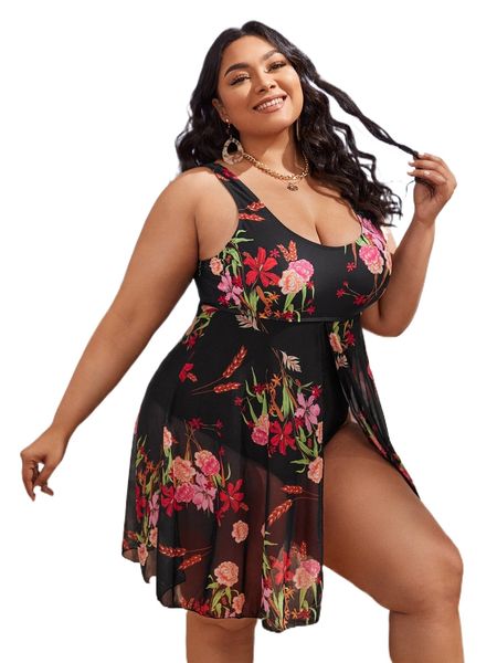 

plus floral print split front one piece swimsuit p7kh#, White;black