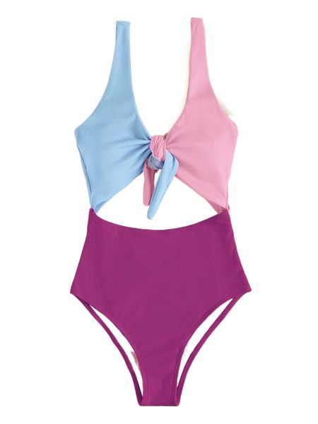 

color block rib cut-out knot one piece swimsuit w9gt#, White;black