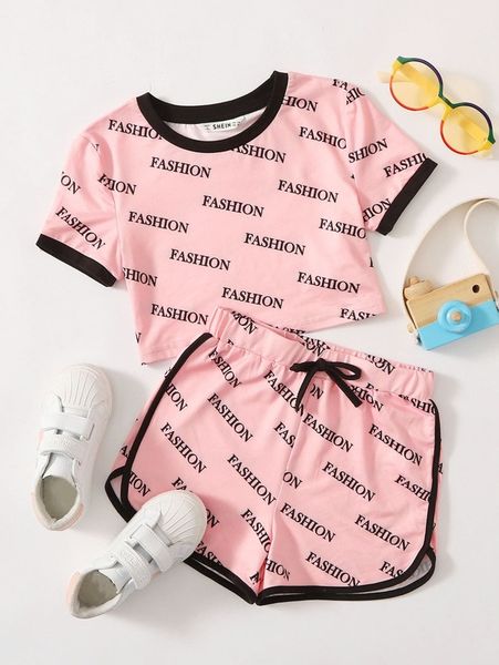

girls letter graphic ringer tee and dolphin shorts set she01, White