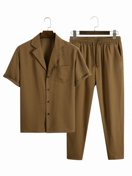 

men lapel neck shirt & drawstring waist pants 16jf#, Gray