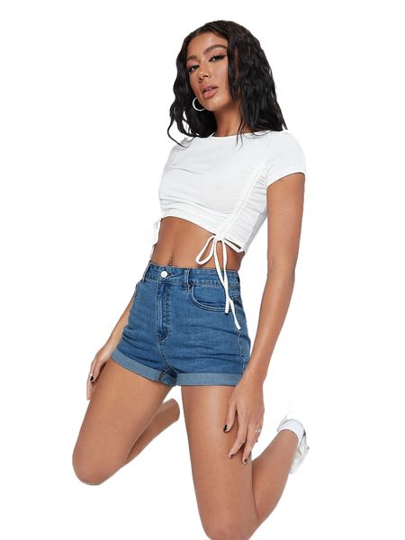 

mid-waist ripped detail cuffed denim shorts g7x7#, White;black