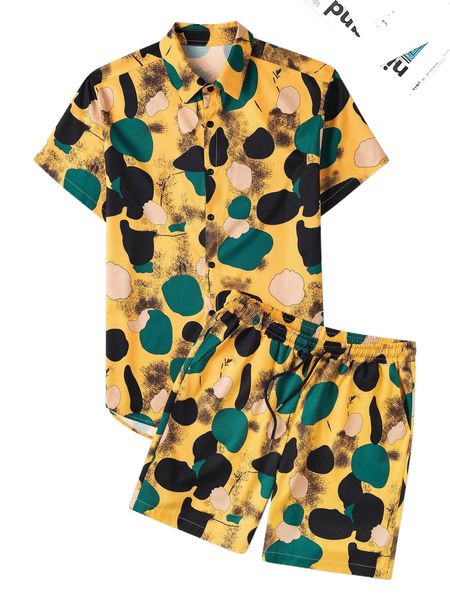 

men random allover print shirt & shorts t9q9#, Gray