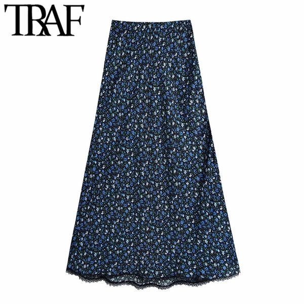 

traf women fashion with lace trim floral print midi skirt vintage high waist side zipper female skirts mujer 220324, Black