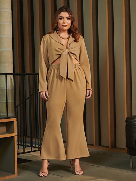 

plus lapel neck tie front & flare leg pants z0fq#, Black