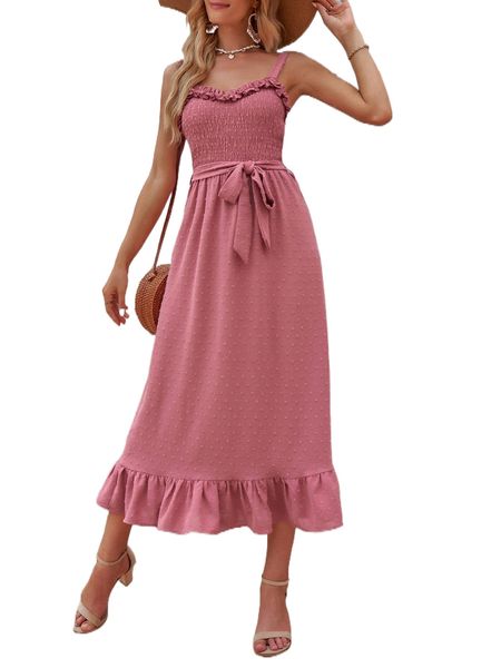 

swiss dot shirred ruffle hem belted cami dress v2ui#, Black;gray