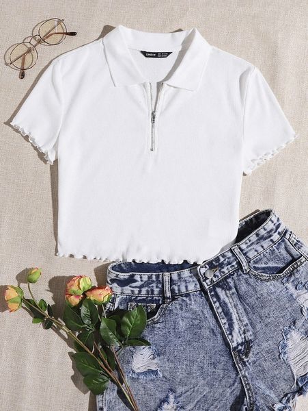 

zipper half placket lettuce trim tee j2ph#, White