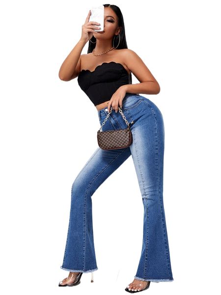 

sxy raw hem flared leg jeans e7lk#, Blue
