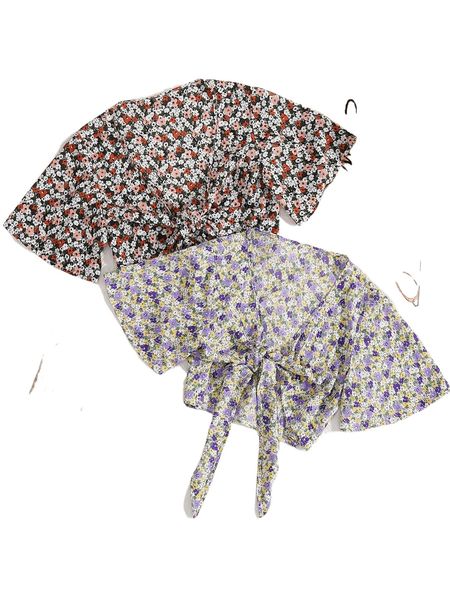 

2pcs ditsy floral print knot front a9os#, White