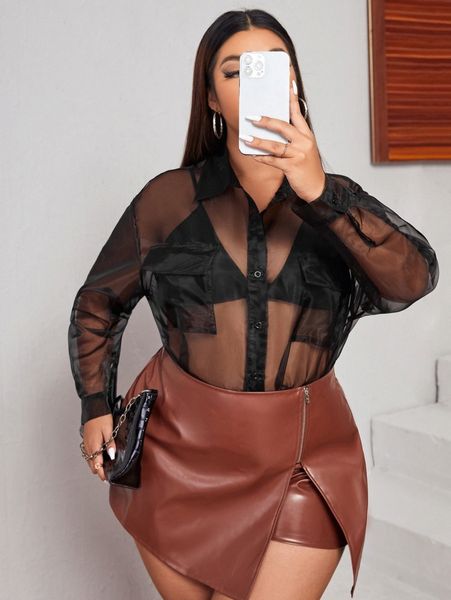

plus button front sheer blouse k7fs#, Black