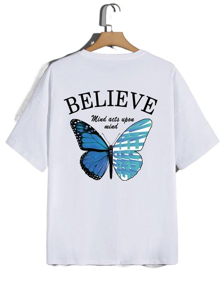 

men butterfly and slogan graphic tee c9i8#, White;black
