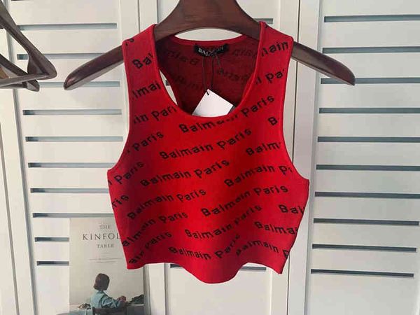 

women's t-shirt spring and summer balman knitted jacquard letter navel exposed vest suspender women's ins net red same style s2g4, White