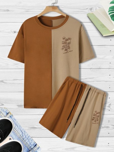 

men color block cartoon & letter graphic tee & shorts 75vc#, Gray
