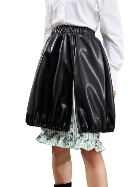 

x new romance floral and striped ruffle hem pu leather overlay skirt p1n8#, Black