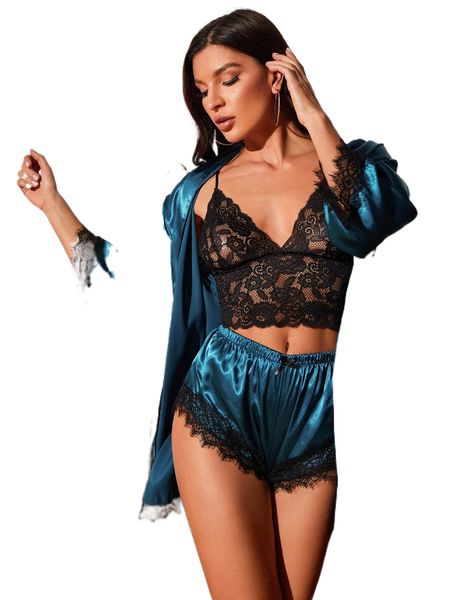 

3pcs lace cami & satin shorts & belted robe r00v#, Black;red