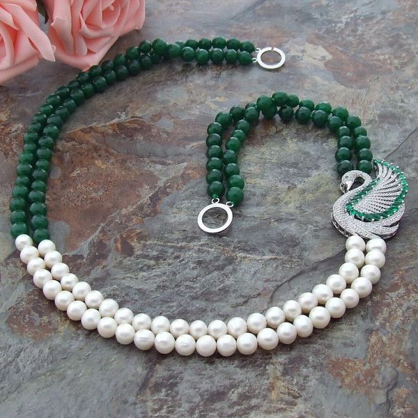 

25&quot 2 strands white 8-9mm freshwater pearl agate necklace zircon connector, Silver