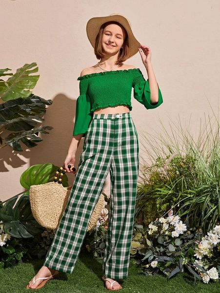 

teen girls off shoulder bell sleeve shirred & tartan pants set she, White