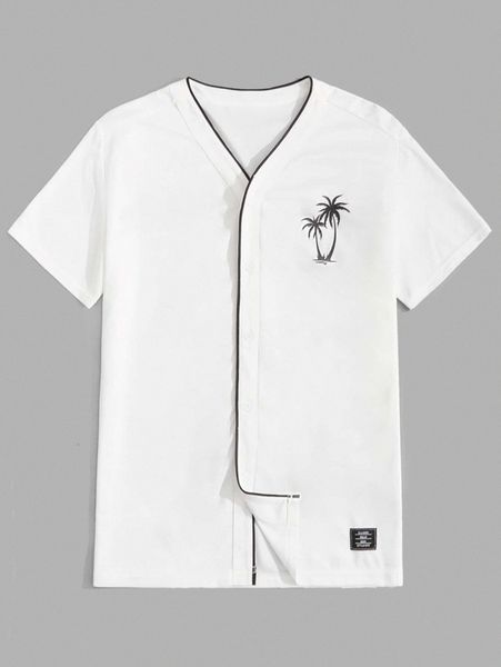 

men tropical print letter patched detail contrast piping shirt l3mc#, White;black