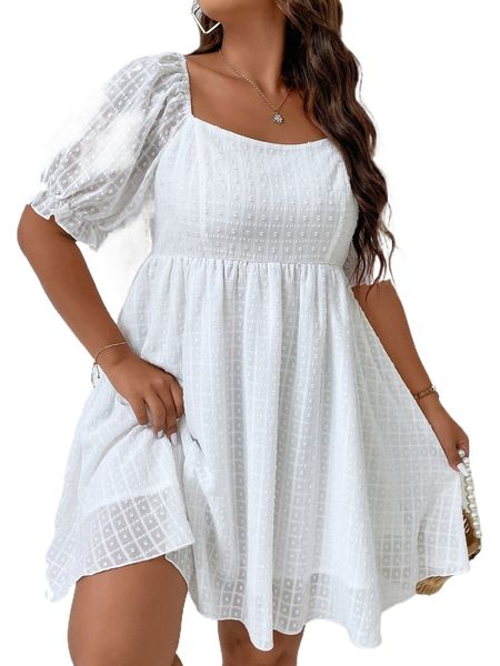 

plus puff sleeve shirred back a-line dress q5xv#, Black