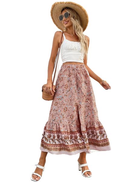 

floral print knot waist ruffle hem skirt w1ht#, Black