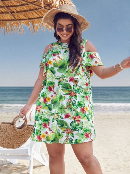 

plus tropical print cold shoulder ruffle trim tunic dress i5vq#, Black
