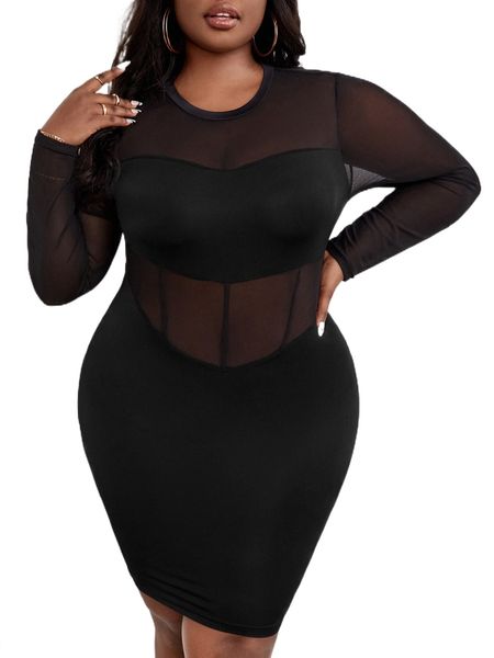 

sxy plus mesh panel bodycon dress k78g#, Black
