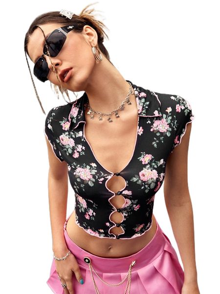 

floral print cut out lettuce trim crop tee z78s#, White