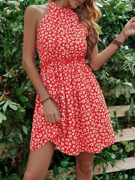 

allover floral print frill trim halter dress x69c#, Black;gray