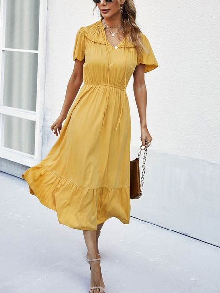 

flutter sleeve frilled tie neck ruffle hem dress l01n#, Black;gray