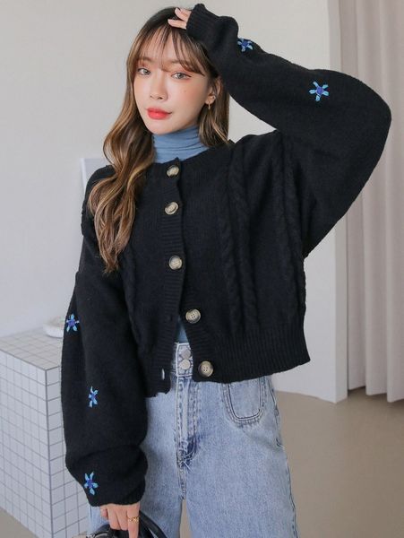 

dazy floral embroidery drop shoulder cardigan e2wd#, White;black