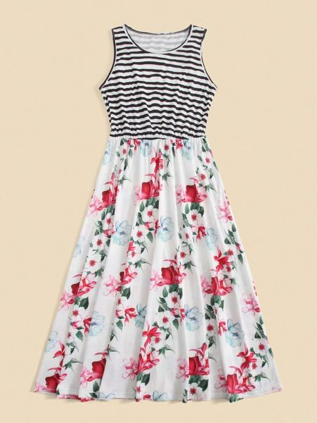 

1pc striped & floral print dress r9k0#, Black;gray