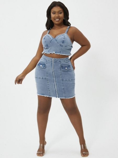 

plus raw hem denim cami and flap detail skirt set z0ib#, White