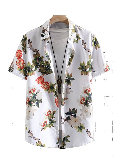 

men random floral & bird print shirt without tee d9nf#, White;black