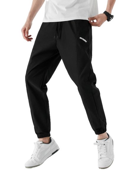 

men letter graphic drawstring waist pants 28qt#, Black