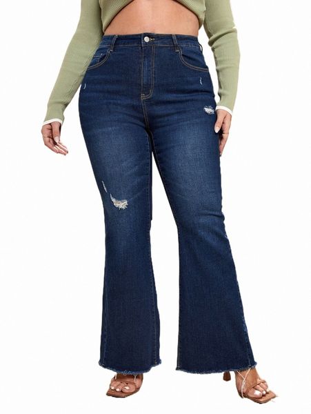 

plus high waist ripped raw cut flare leg jeans h77t#, Blue