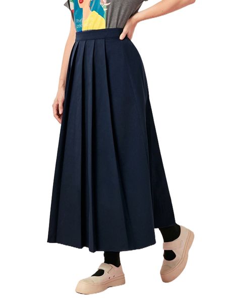 

solid high waist pleated skirt 29r9#, Black