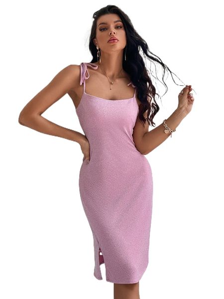 

split hem knot shoulder cami dress t44w#, Black;gray