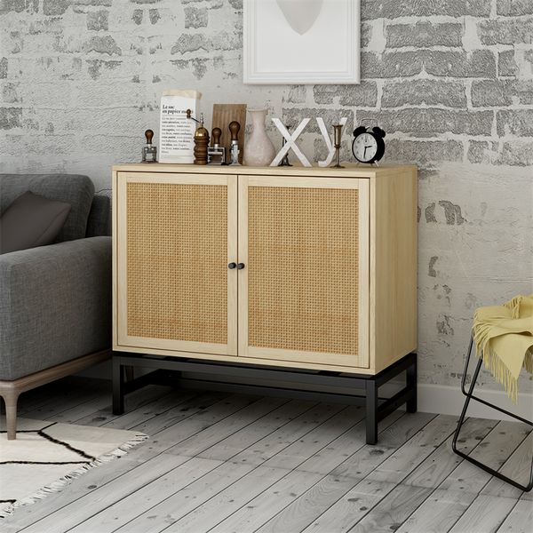 

for living room dining room natural rattan 2 door cabinet with 1 adjustable inner shelves accent storage cabinets