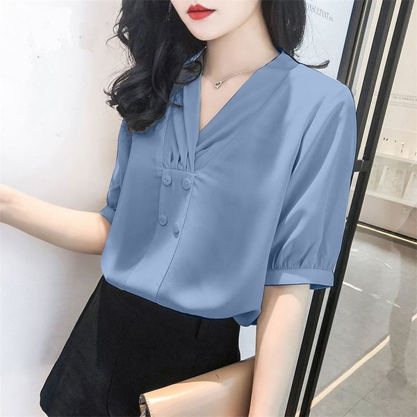

fashion women spring summer style chiffon blouses shirt lady casual short sleeve v-neck solid women's casual loose df3543 21302, White