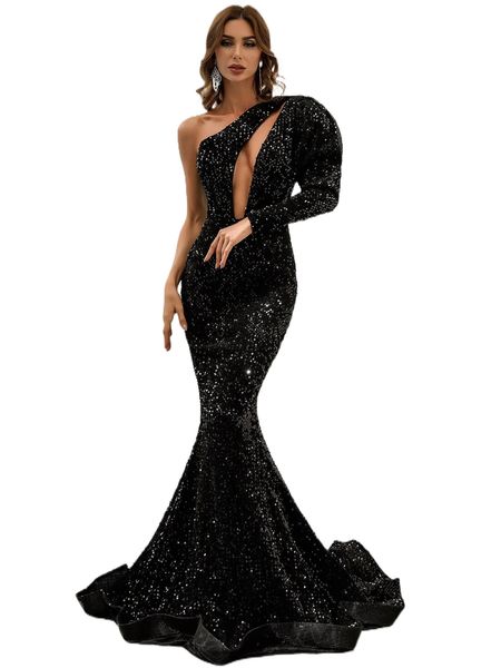 

missord one shoulder cut out mermaid hem sequin prom dress v18n#, Black;gray
