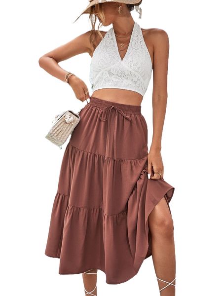 

tie backless lace halter & tie waist ruffle hem skirt n5pc#, White