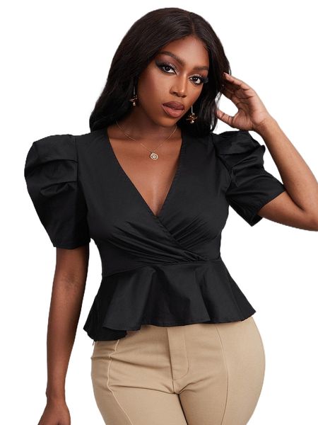 

sxy surplice neck puff sleeve peplum p9xq#, White