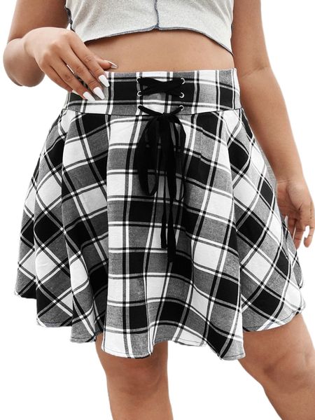 

plus plaid grommet lace up flare skirt w9lb#, Black