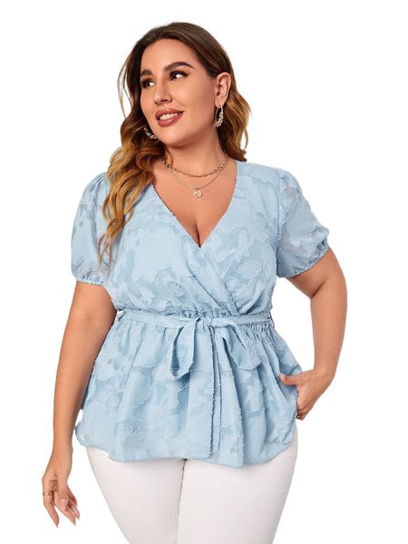 

plus jacquard puff sleeve belted blouse o3fy#, Black