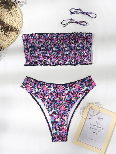 

allover print smocked bikini swimsuit with 1pair straps s7qp#, White;black