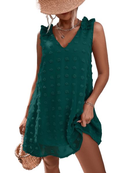 

swiss dot ruffle trim tunic dress 51kl#, Black;gray