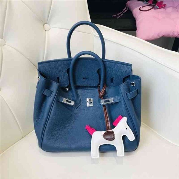 

birkins handbags color inside outside full leather platinum denim blue head cowhide litchi pattern bag european and american women's ha