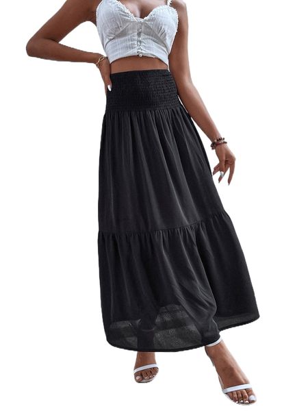 

shirred waist ruffle hem skirt b9tz#, Black