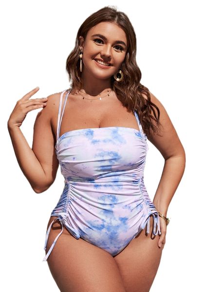 

plus tie dye drawstring side one piece swimsuit h2hu#, White;black