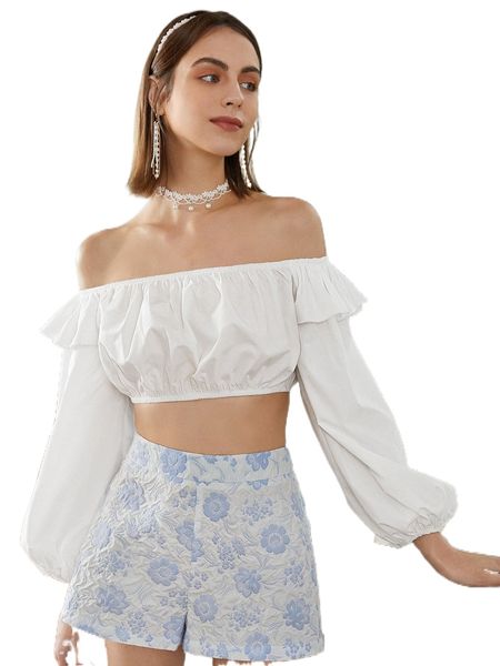 

off shoulder ruffle trim crop blouse p8vj#, White